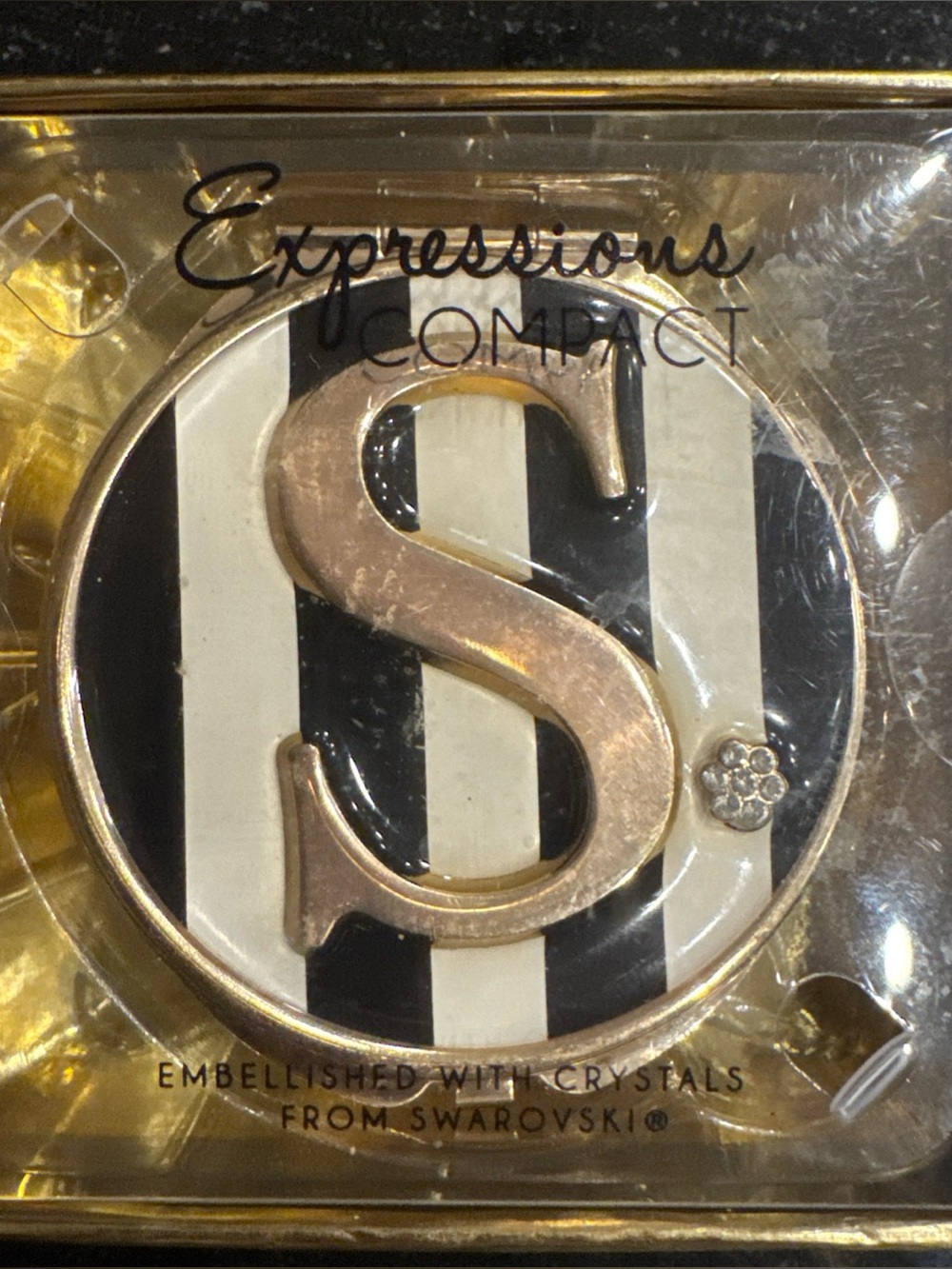 Expressions Gold 'S' Compact Mirror Black & White Stripes